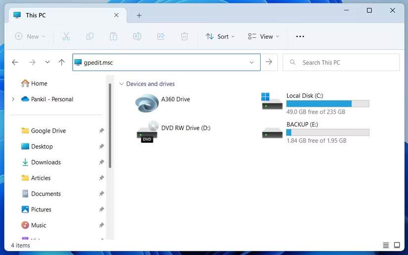 Mở Group Policy Editor bằng File Explorer