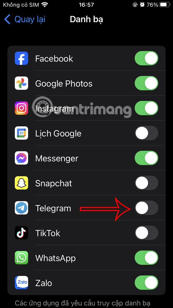 Tắt Telegram truy cập danh bạ 