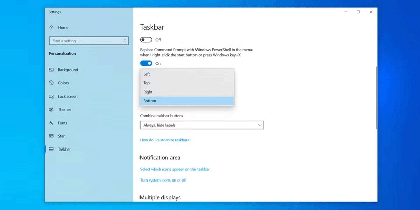 Ứng dụng cài đặt Windows 10 có tùy chọn Taskbar location