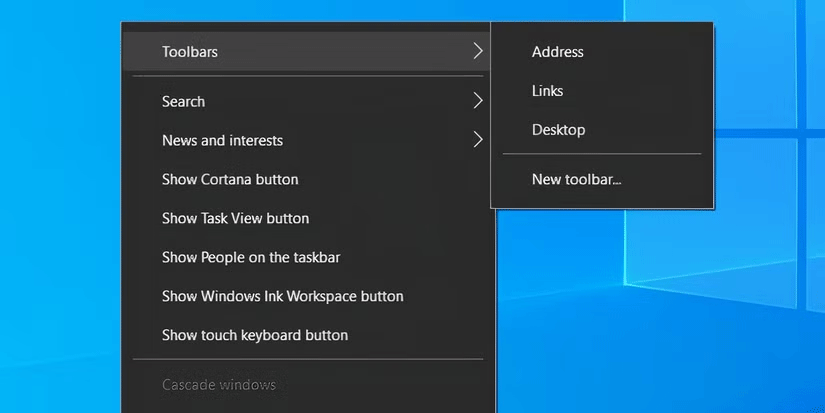 Menu ngữ cảnh Taskbar Windows 10 có tùy chọn Toolbars