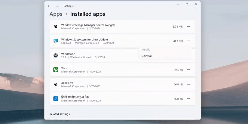Danh sách ứng dụng đã cài đặt trong ứng dụng Settings có tùy chọn Uninstall cho WSL