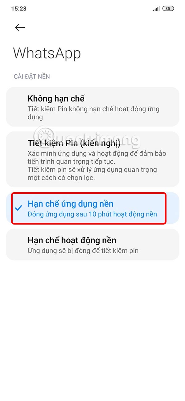 Hạn chế WhatsApp hoạt động nền