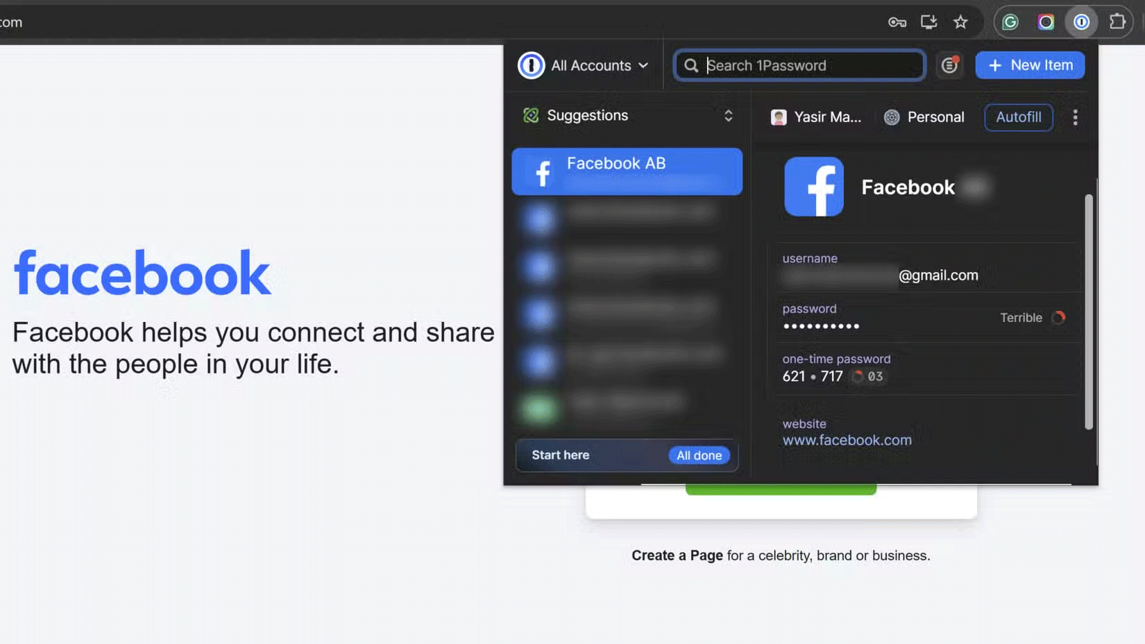 Tiện ích mở rộng 1Password Chrome hiển thị mã 2FA để đăng nhập Facebook