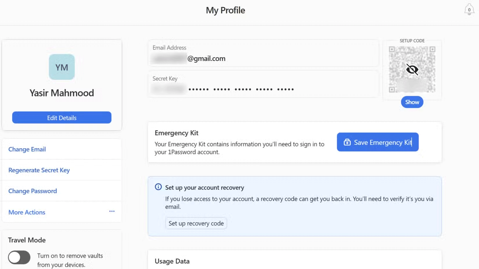 Ứng dụng web 1Password hiển thị khóa bí mật để đăng nhập vào các thiết bị khác