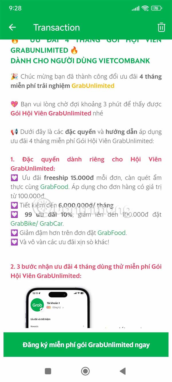 Ưu đãi Grab Unlimited cho khách hàng Vietcombank