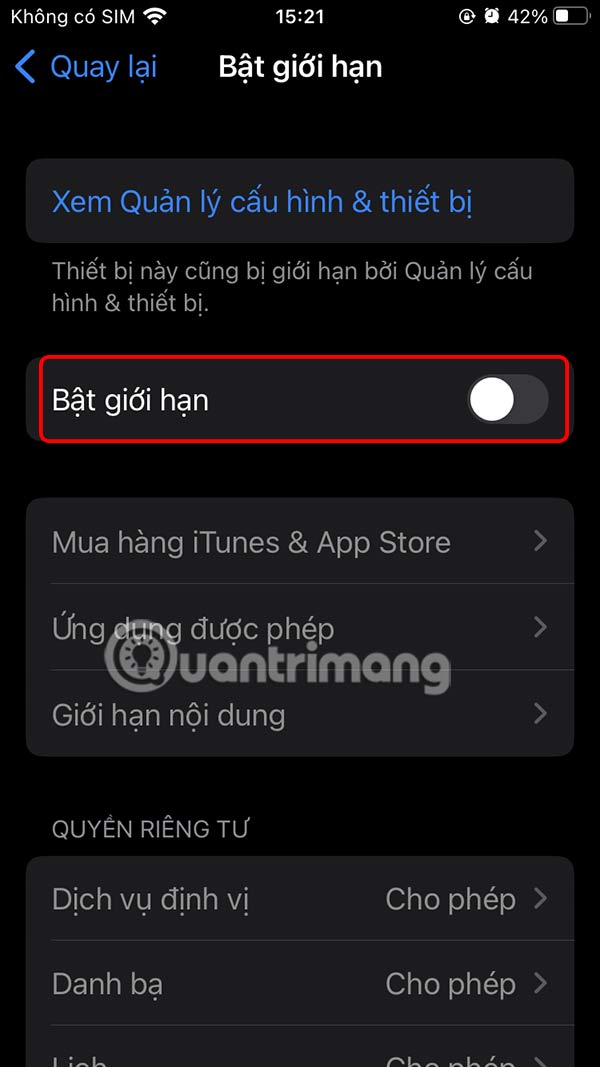 Tắt giới hạn sử dụng