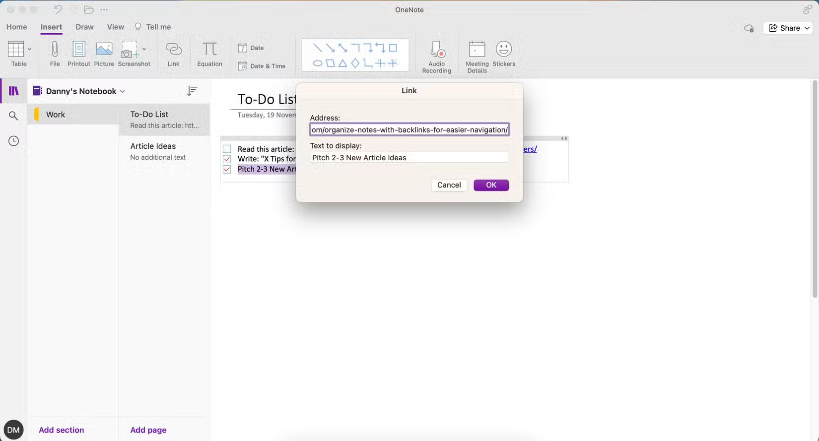 Thêm liên kết đến trang OneNote trong danh sách việc cần làm của bạn