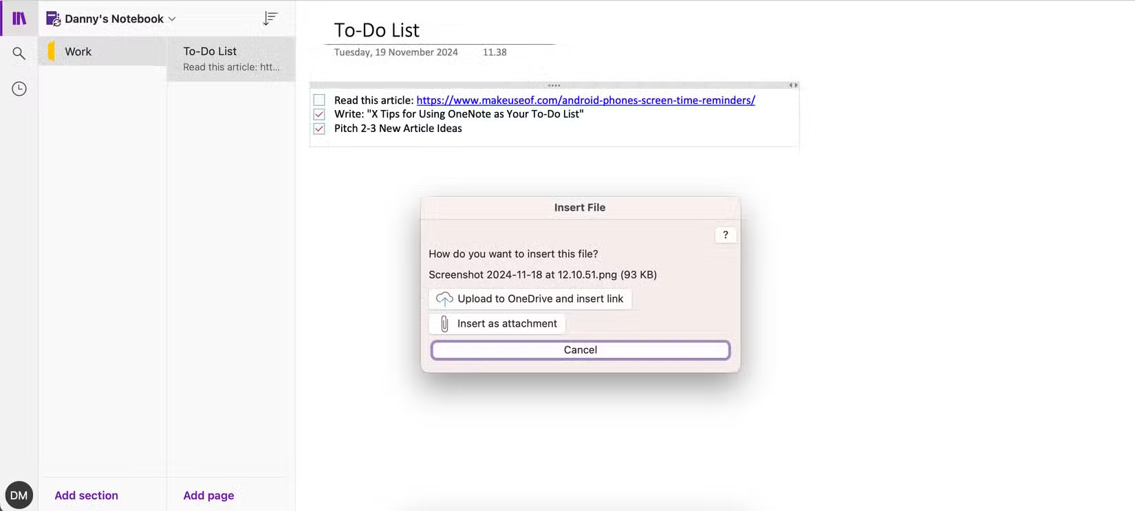 Hai tùy chọn để chèn file vào OneNote
