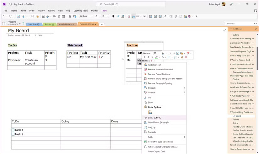 Tạo bảng Kanban OneNote 2021