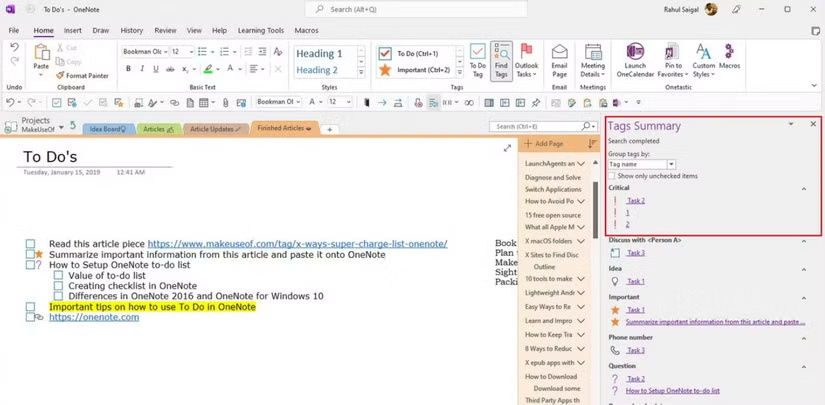 Tóm tắt tag trong OneNote