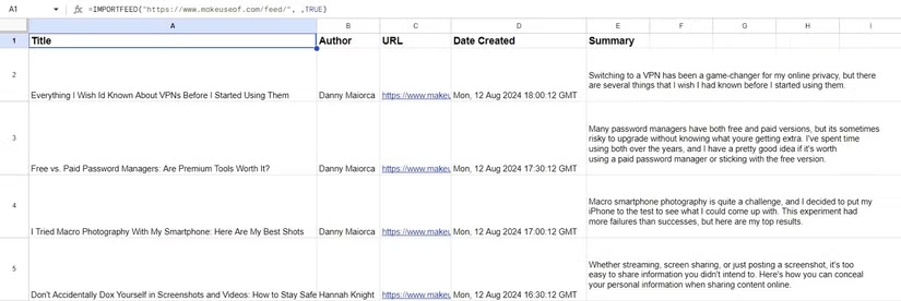 Sử dụng IMPORTFEED trong Google Sheets
