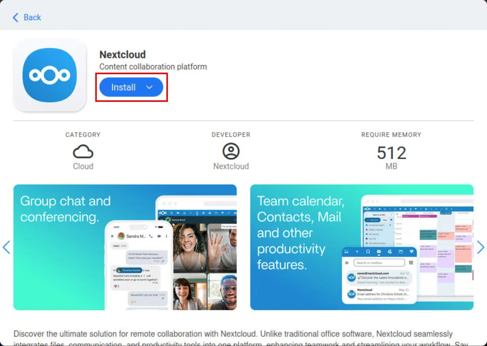 Trang cài đặt Nextcloud trên CasaOS.