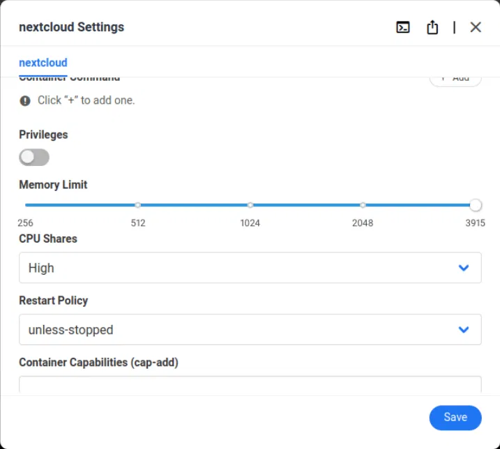 Bộ nhớ dự trữ đang chạy cho container Docker Nextcloud.