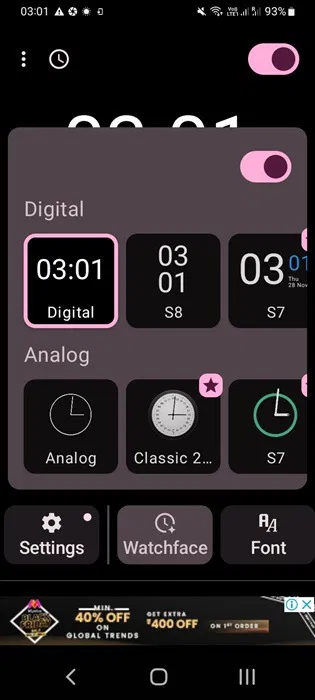 Ứng dụng Always On AMOLED với cài đặt mặt đồng hồ kỹ thuật số và analog.