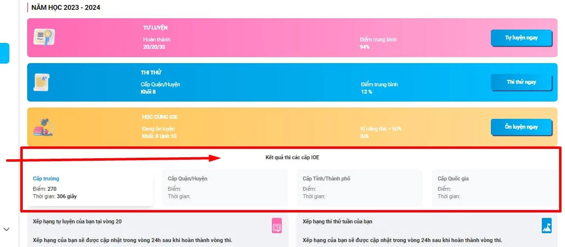 Xem điểm IOE cấp trường 