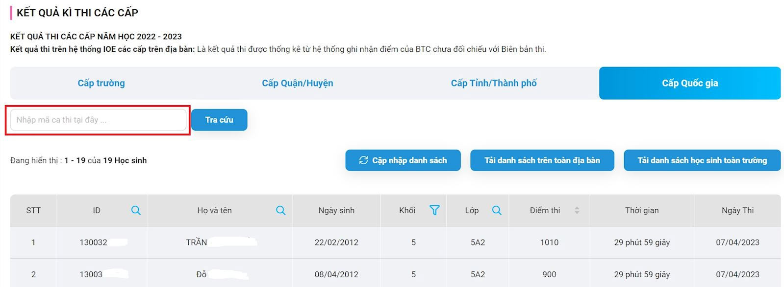 Tra cứu điểm thi IOE theo trường