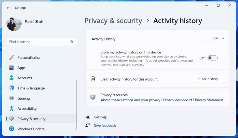 Ứng dụng Settings Windows 11 hiển thị menu Activity History