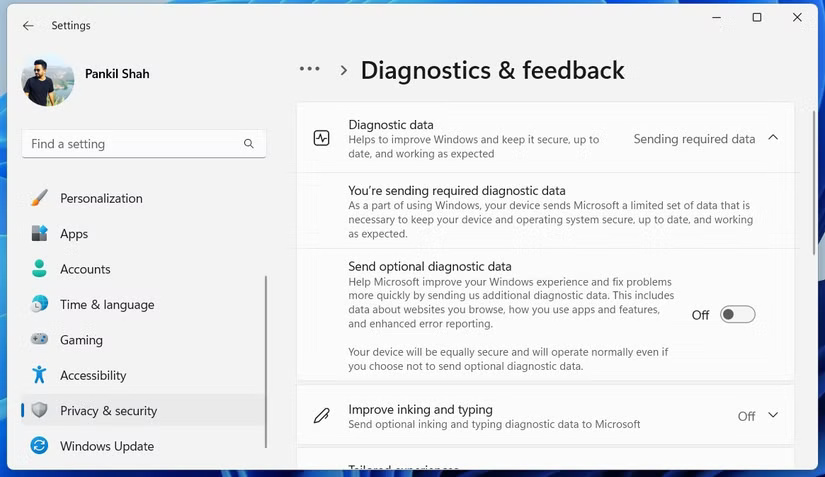 Menu Diagnostics & Feedback trong ứng dụng Settings Windows 11