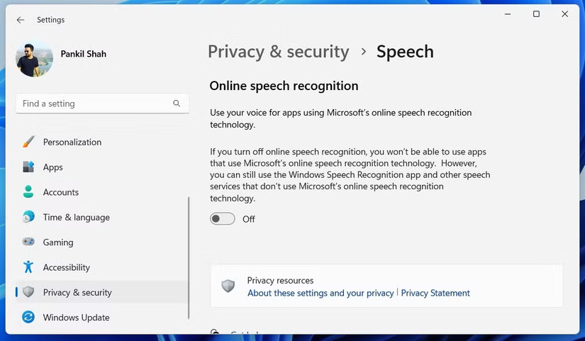 Ứng dụng Settings Windows 11 hiển thị tùy chọn Online Speech Recognition