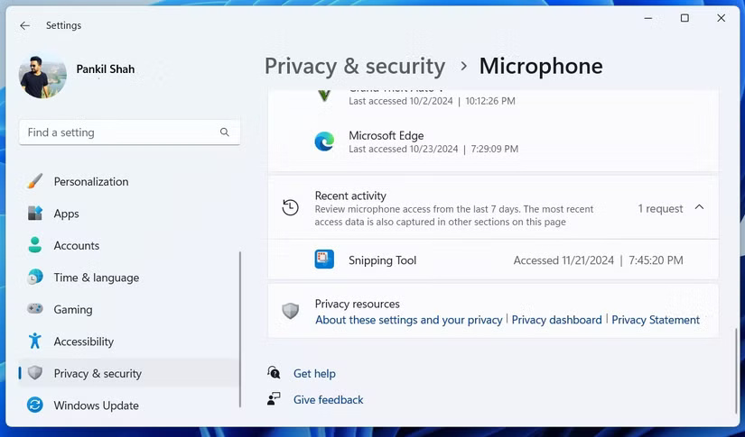 Hoạt động micro gần đây trong ứng dụng Settings Windows 11