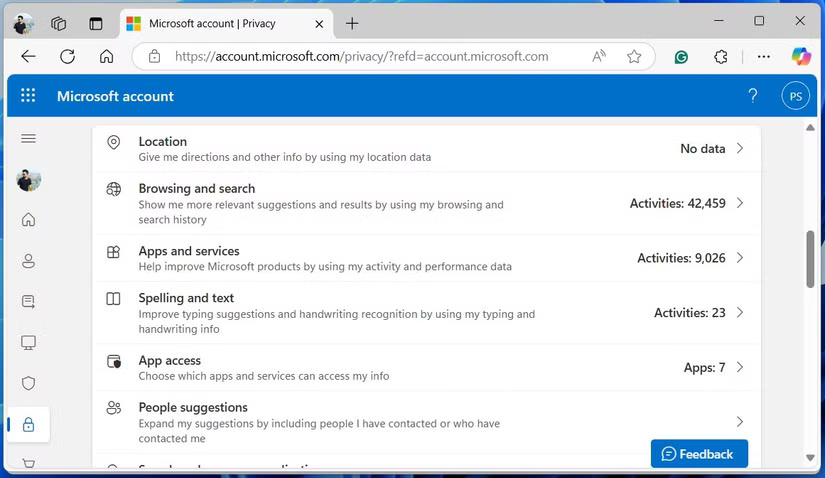 Microsoft Privacy Dashboard trong cửa sổ trình duyệt