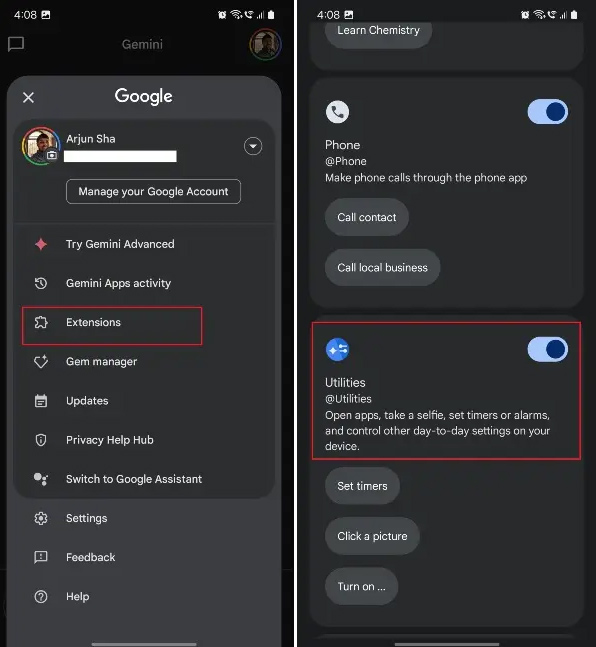 Kích hoạt tiện ích Utilities Gemini