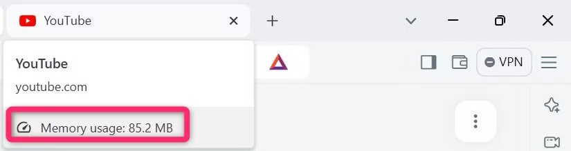 Kiểm tra mức sử dụng bộ nhớ của YouTube trong trình duyệt Brave.