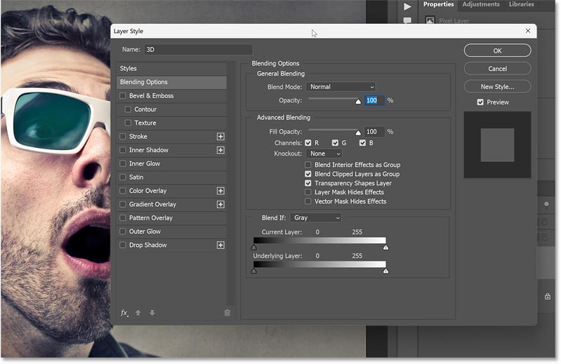 Blending Options của Photoshop trong hộp thoại Layer Style