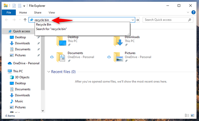 Trong Windows 10, nhập Recycle Bin và nhấn Enter