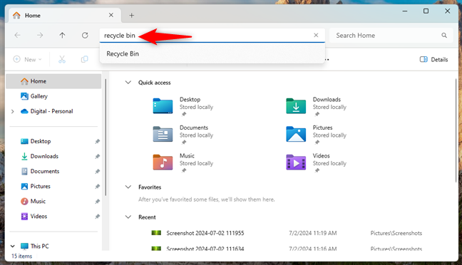 Trong Windows 11, nhập Recycle Bin vào thanh địa chỉ của File Explorer và nhấn Enter