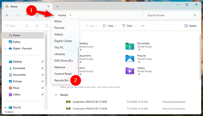 Truy cập Recycle Bin trong Windows 11 bằng menu > của File Explorer