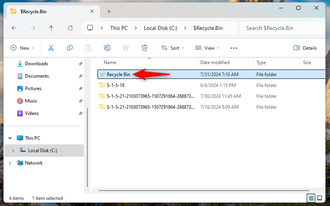 Vị trí thư mục Recycle Bin trong File Explorer