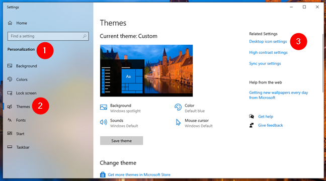 Trong Windows 10, hãy đi tới Settings > Personalization > Themes > Desktop icon settings