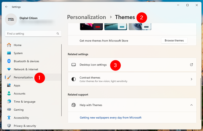 Trong Windows 11, hãy mở Settinngs và đi tới Personalization > Themes > Desktop icon settings