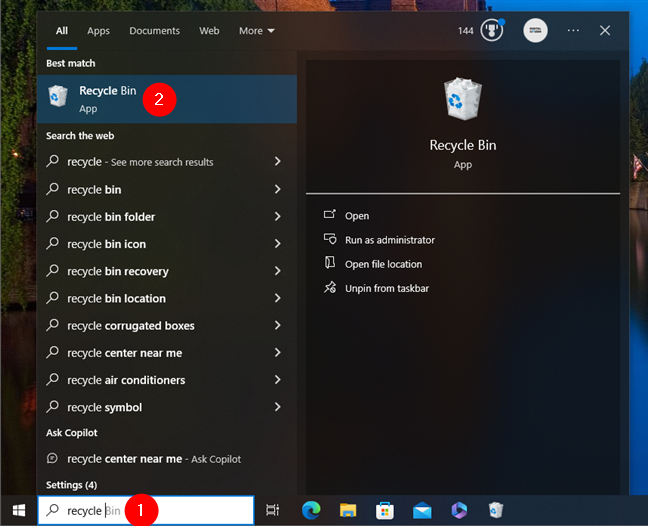 Tìm kiếm và mở Recycle Bin trong Windows 10