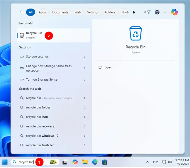 Sử dụng Search để tìm Recycle Bin trong Windows 11