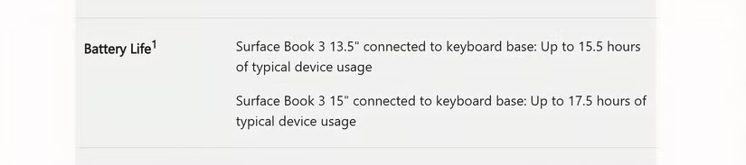 Dung lượng pin của Surface Book 3