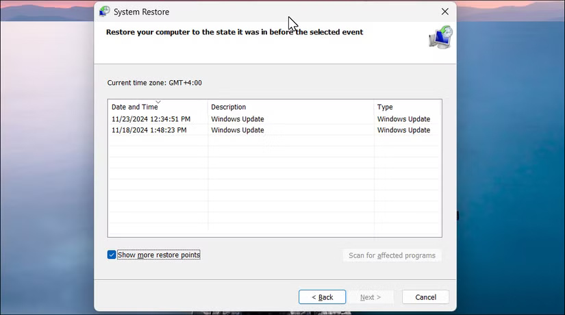 Hộp thoại System Restore trong Windows 11 với các điểm khôi phục khả dụng