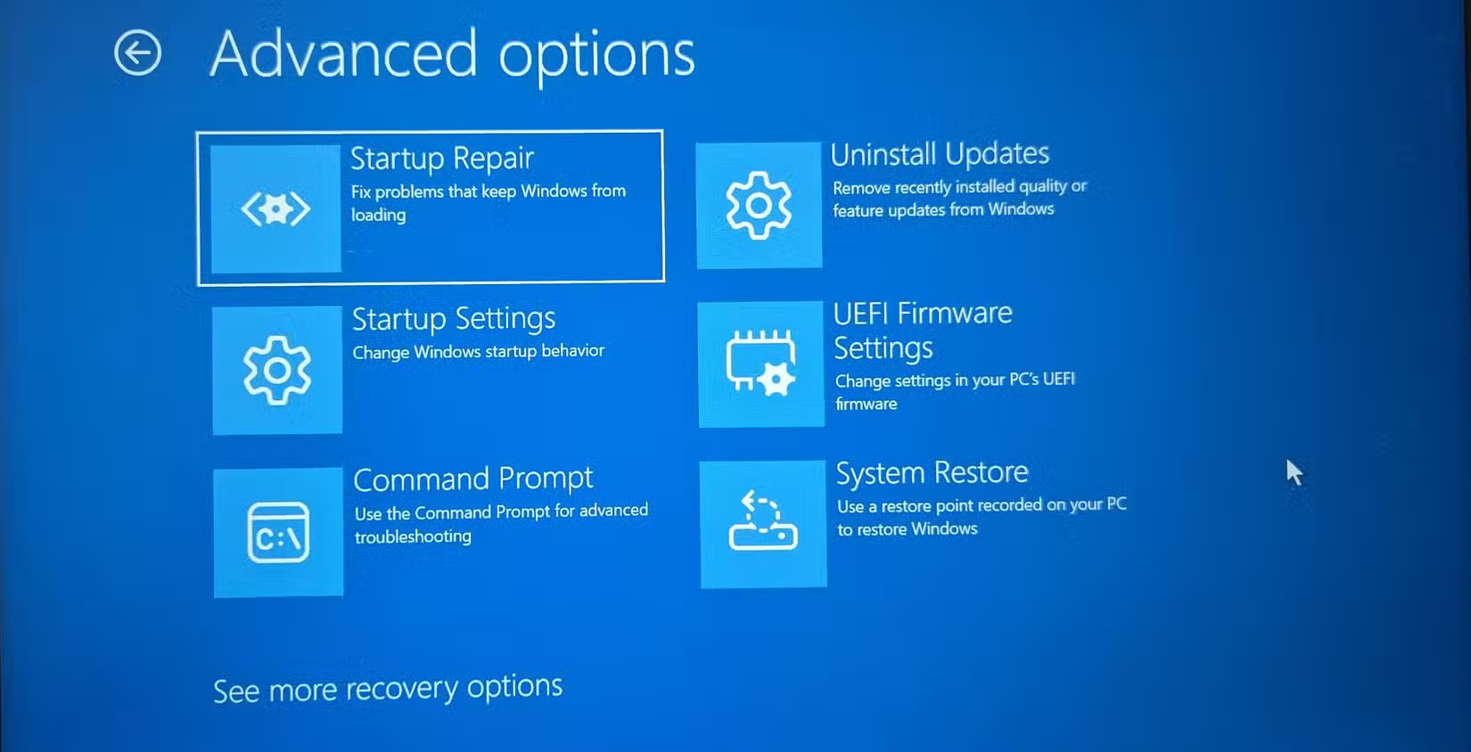 Windows Recovery Environment với các tùy chọn nâng cao