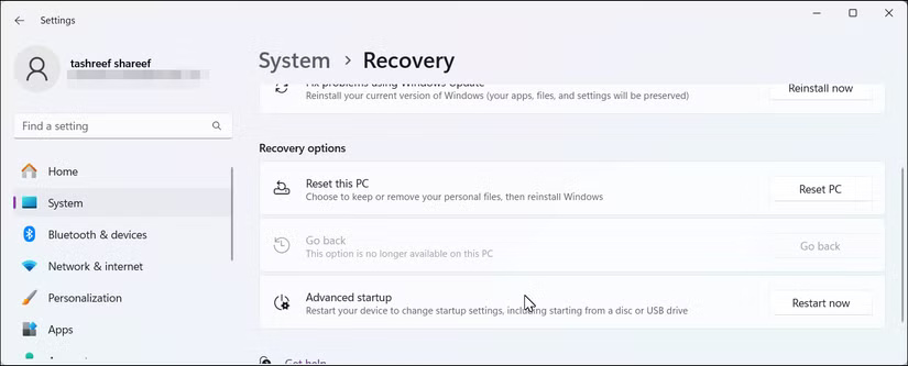 Tùy chọn Go Back trong ứng dụng Settings Windows 11