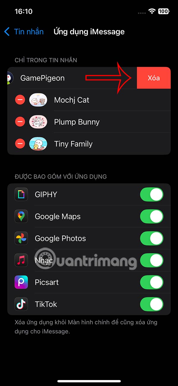 Xóa ứng dụng trên iMessage