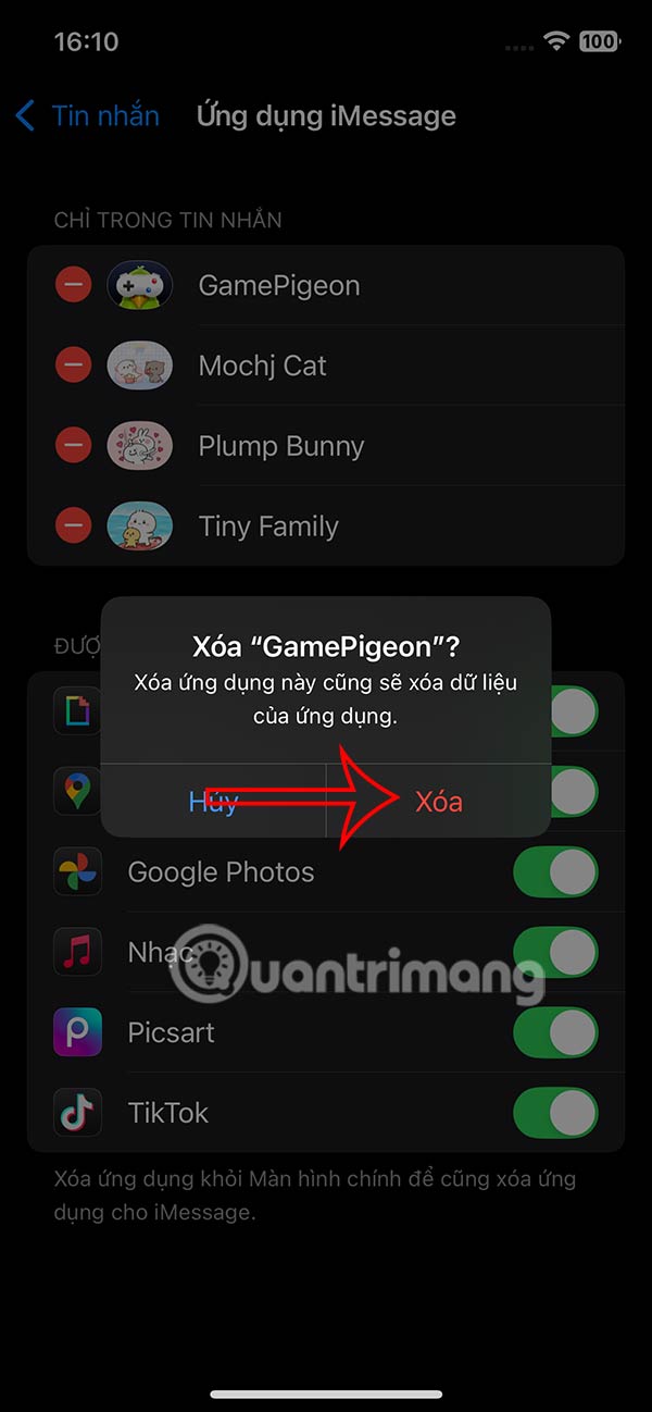 Chọn xóa ứng dụng trên iMessage