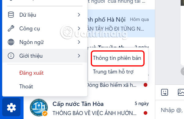 Thông tin phiên bản Zalo máy tính