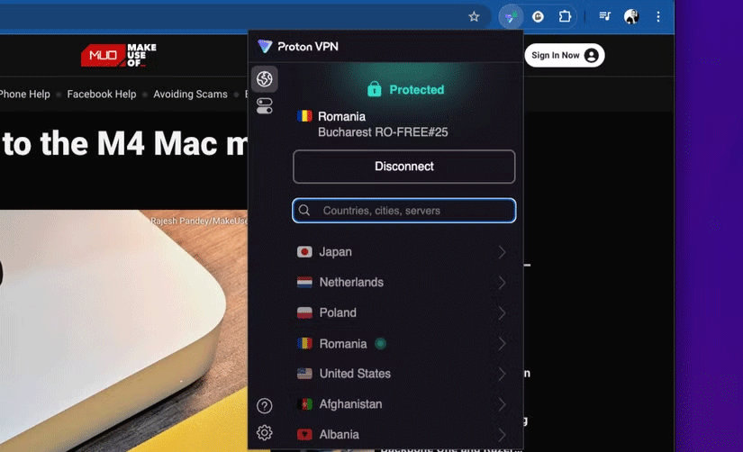 Tiện ích mở rộng ProtonVPN Chrome đã kết nối