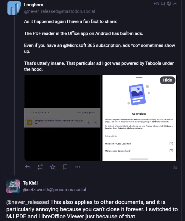 Một thread trên Mastodon về quảng cáo trong Microsoft 365