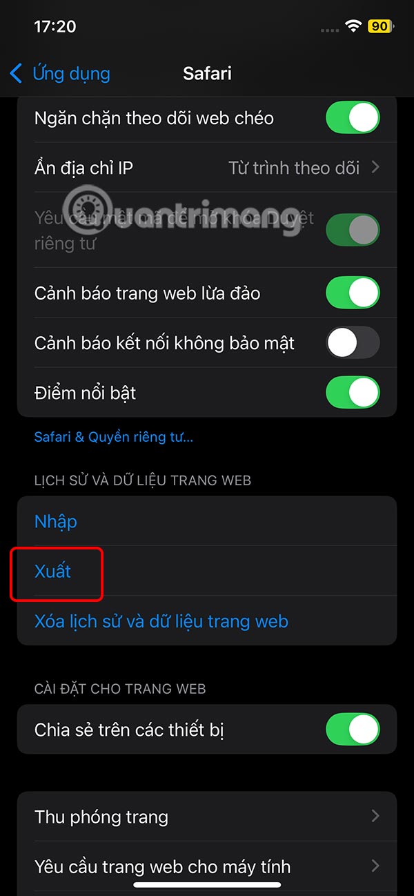 Xuất dữ liệu Safari