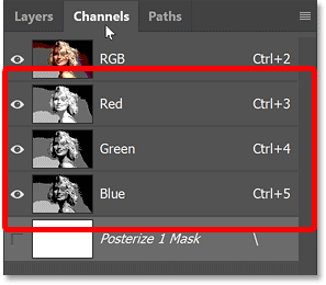 Bảng Channels của Photoshop hiển thị các kênh màu Đỏ, Xanh lục và Xanh lam.