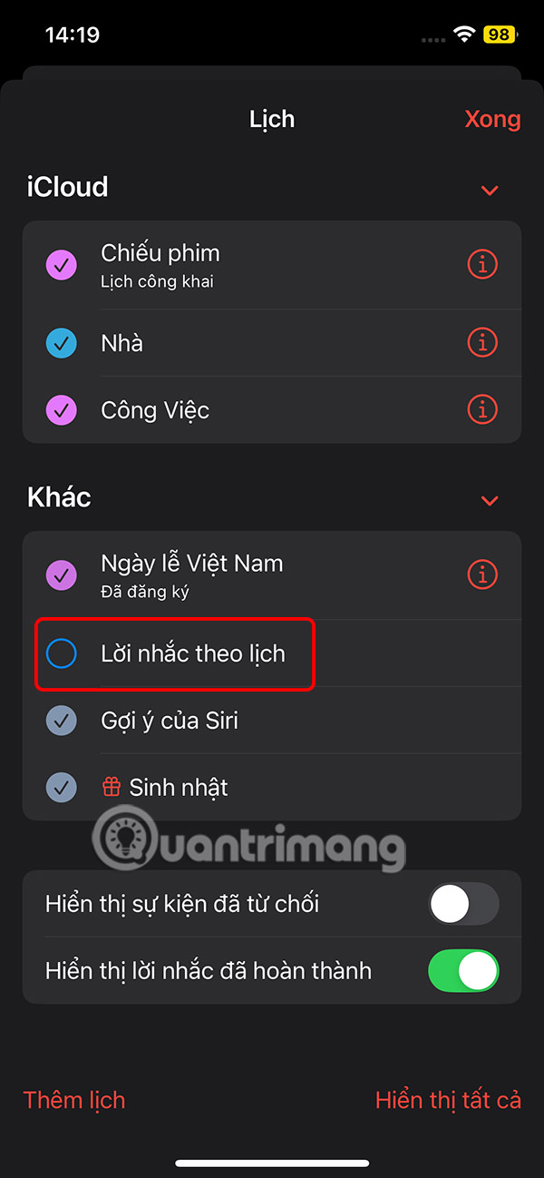 Hide reminders in Calendar 