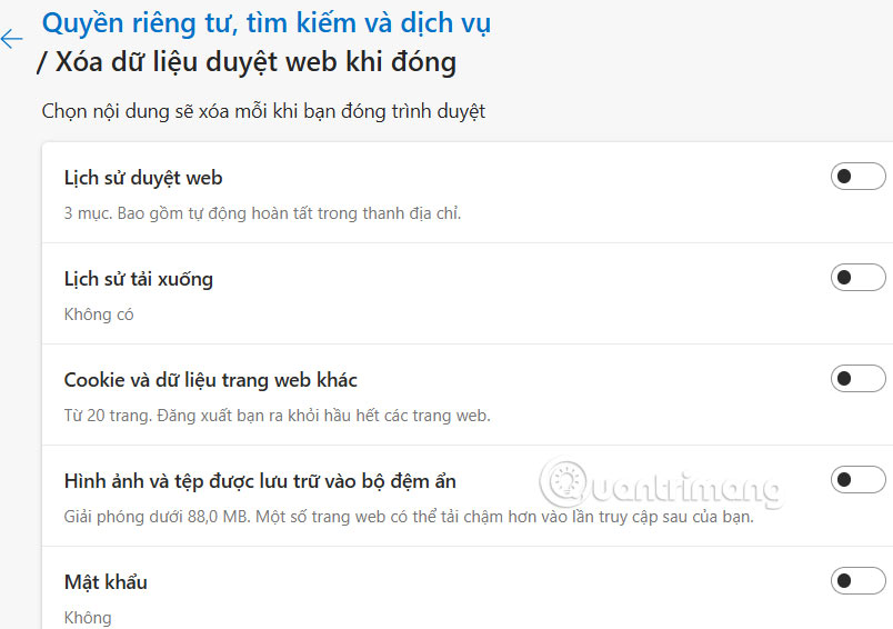 Tự động xóa dữ liệu duyệt web trên Edge