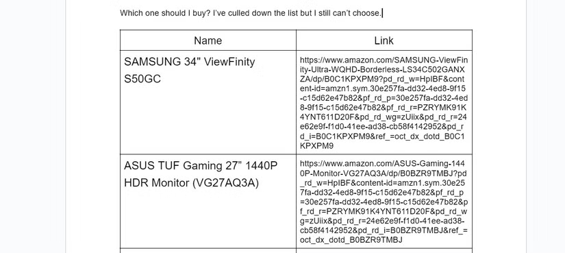 A sample table in Google Docs that includes web links